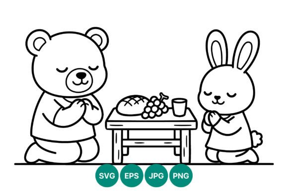 Bear and Rabbit Praying Vector Line Art for Brand Graphics