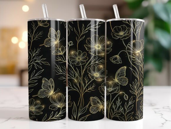 Black Gold Floral Butterfly: Tumbler Wraps & Graphics