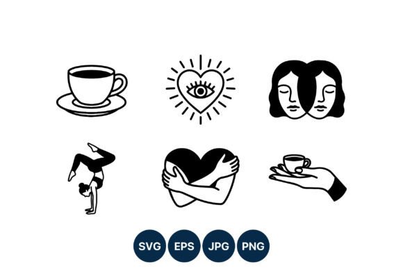 Black White Heart Yoga Coffee Icons: Graphics & Illustrations