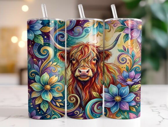Boho Highland Cow Floral Tumbler Graphics & Wraps