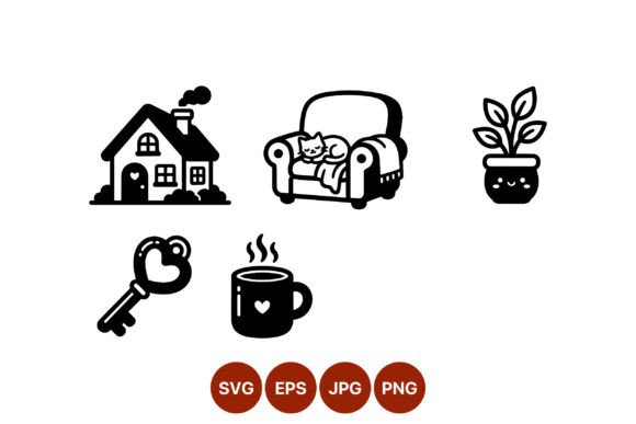 Cozy Home Icon Set Black White: Cozy Illustrations & Graphics