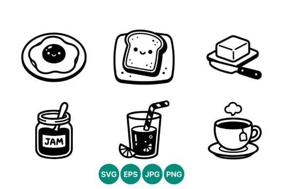 Cute Black White Breakfast Icons Graphics and Illustrations