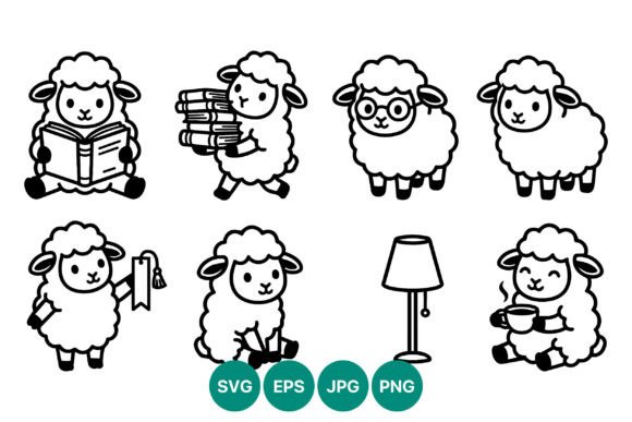 Cute Sheep Reading Holding Lamp Cup Graphics and Illustrations