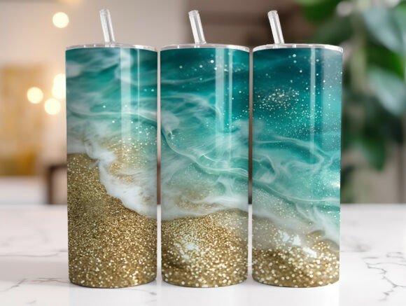 Luxury Ocean Gold Glitter Tumbler Wrap: Graphics for Tumbler Wraps
