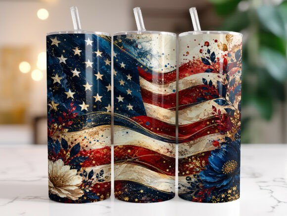 Patriotic American Flag Floral Tumbler Graphics and Wraps