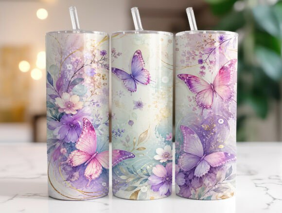 Purple Butterfly Floral Graphics for Tumbler Wraps