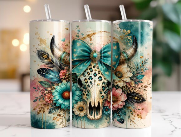 Teal Floral Skull Western Tumbler Wrap