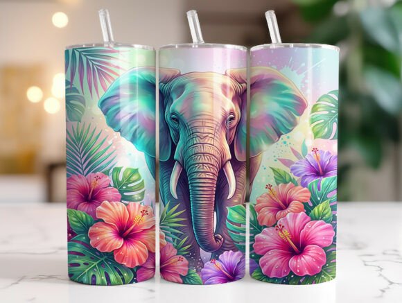 Tropical Elephant Hibiscus Tumbler Wrap Graphics