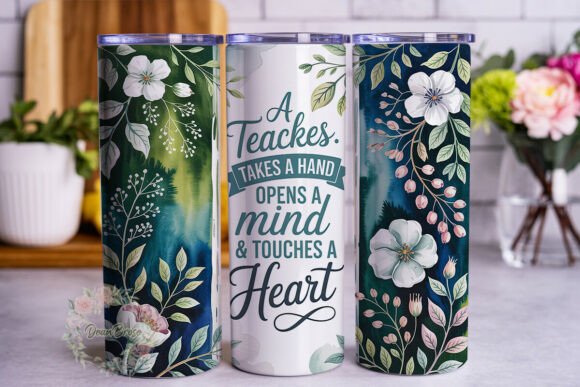 Watercolor Teal Floral Teacher Tumbler Graphics & Wraps
