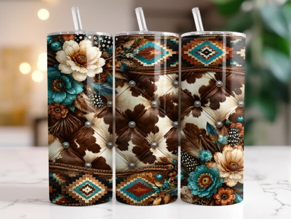 Western Cowhide Floral Tumbler Wrap Graphics