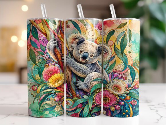 Whimsical Koala Floral Graphics for Tumbler Wraps