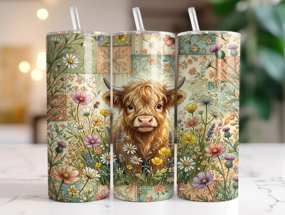 Wildflower Highland Cow Tumbler Wrap Graphics for Tumbler Wraps