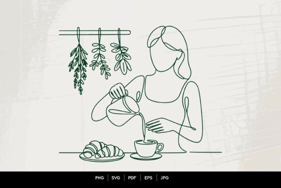 Woman Pouring Tea Line Art: Graphics & Illustrations
